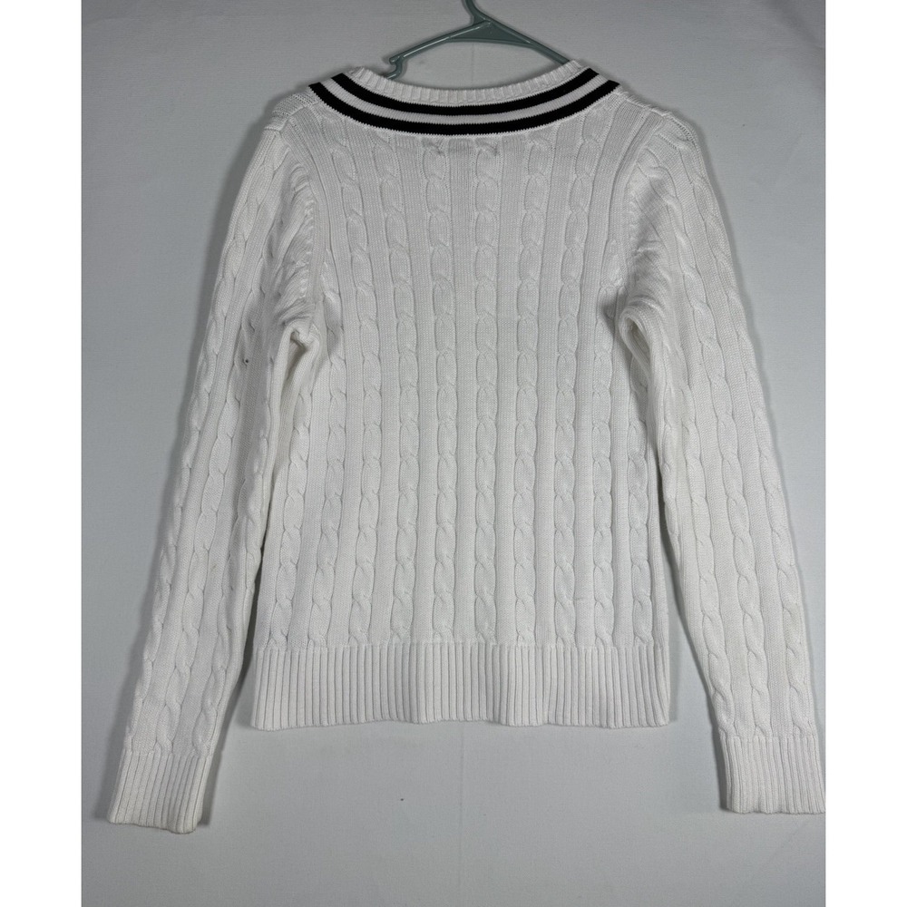 VTG Lauren Ralph Lauren Cricket Sweater Large White Cable Knit V-Neck 90s Tennis - Picture 2 of 6